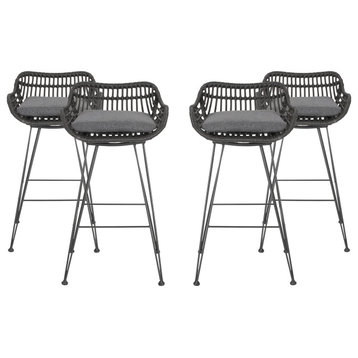 Candance Outdoor Wicker Barstools With Cushions, Set of 4, Gray/Black/Dark Gray