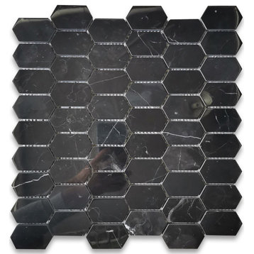 Nero Marquina Black Marble Constellation Hexagon Mosaic Tile Polished, 1 sheet