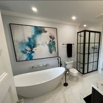 Transitional Bathroom with Black-Framed Shower