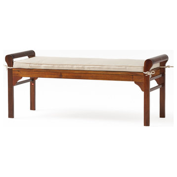 Nelson Rustic Acacia Wood Bench With Cushion, Mahogany and Cream