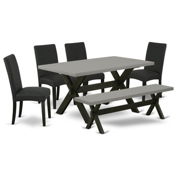 6-Piece Set, 4 Chairs, Wooden Cross Legs Wood Table and Bench, Black