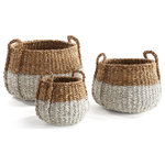 Napa Home and Garden - Seagrass Round Baskets With Handles, White and Natural, Set of 3 - Store everything from hand towels to children's toys in this set of Seagrass Round Baskets With Handles. Handmade from two-toned brown and dyed white sea grass, these three woven baskets are durable and stylish. Large handles make for easy carrying. Display them in a beach style home for a coordinated look.