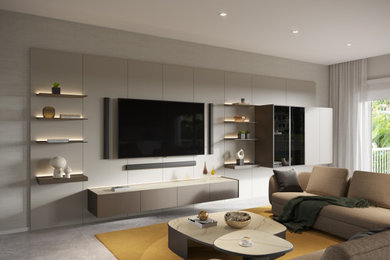Стильный дизайн: большая открытая гостиная комната в современном стиле с бежевыми стенами, мраморным полом, телевизором на стене, серым полом и обоями на стенах без камина - последний тренд