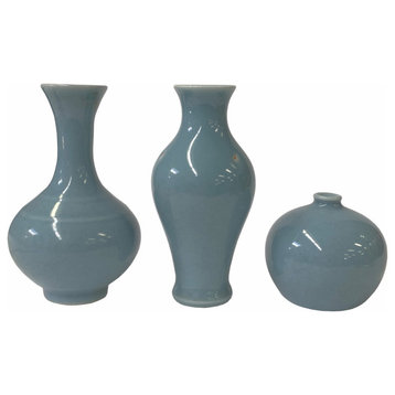 3 x Chinese Clay Ceramic Pastel Blue Color Wu Small Vase Set Hws1531