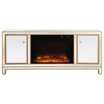 Elegant MF701G-F1 Reflexion 60" Mirrored Tv Stand With Wood Fireplace, Gold
