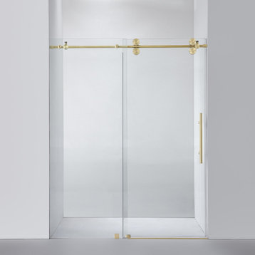 Villena Single Sliding Frameless Shower Door, Brushed Gold, 60"
