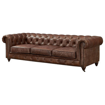Crafters and Weavers Top Grain Vintage Leather Chesterfield Sofa Bark Brown