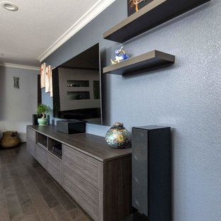 This is an example of a medium sized contemporary open plan home cinema in San Francisco with blue walls, medium hardwood flooring, a wall mounted tv and brown floors.