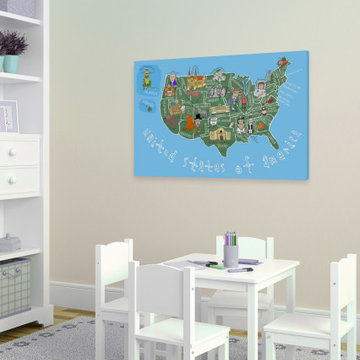"Blue United States of America Map" Painting Print on Wrapped Canvas