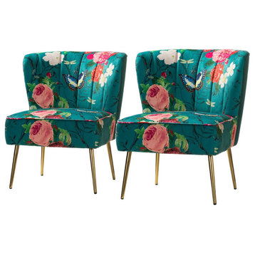 Set of 2 Accent Chair, Wide Seat & Curved Back With Floral Upholstery, Blue