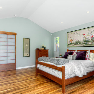 Esempio di una camera matrimoniale etnica di medie dimensioni con pareti verdi e pavimento in legno massello medio