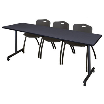 84" x 24" Kobe Mobile Training Table- Grey & 3 'M' Stack Chairs- Black