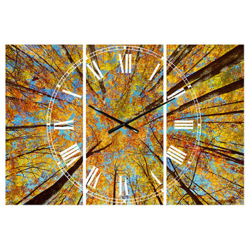 Tree Tops in Autumn Forest Traditional 3 Panels Metal Clock