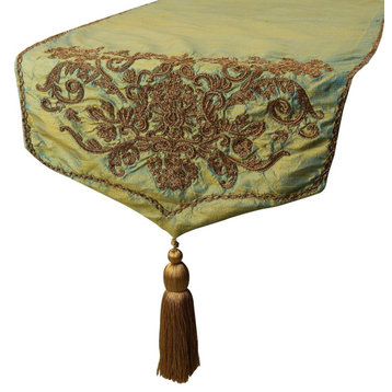 Decorative Table Runner, Gold Silk 14"x120", Zardozi and Tassels Orla