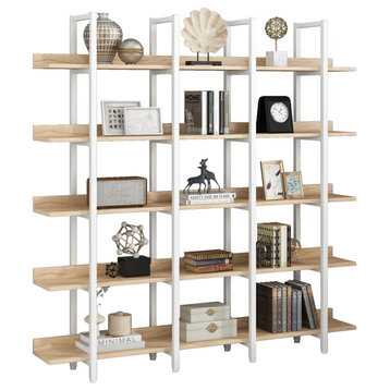 TATEUS Bookcase Home Office Bookshelf, Vintage Industrial Style Shelf 5 tier, White+oak
