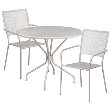 35.25'' Round Indoor-Outdoor Steel Patio Table and 2 Square Back Chairs, Gray