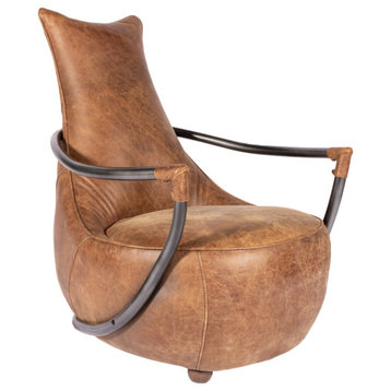 Contemporary Unique Shape Tan Top Grain Leather Club Chair Metal Frame