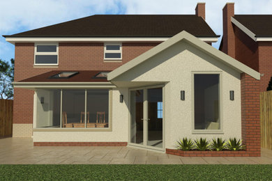 Diseño de fachada de casa roja moderna pequeña de una planta con revestimiento de estuco, tejado a dos aguas y tejado de teja de barro