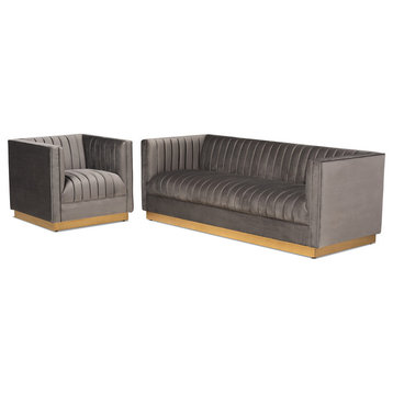 Aveline Luxe Grey Velvet Fabric Brushed Gold Finished 2-Piece Living Room Set