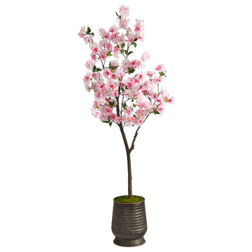 5.5' Cherry Blossom Artificial Tree, Ribbed Metal Planter