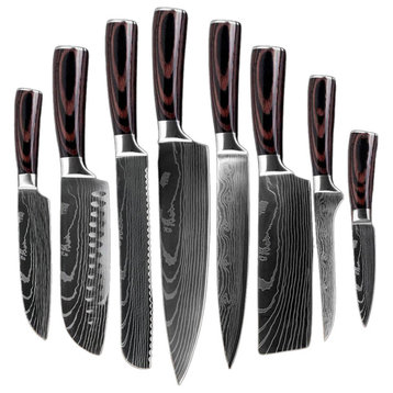 8-Piece Professional Kitchen Knife Set with Engraved Damascus Pattern
