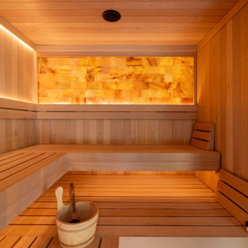Custom Home Gym Hemlock Sauna and Himalayan Salt Wall in Rancho Santa Fe