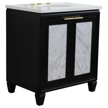 31" Single Sink Vanity, Black Finish With White Quartz With Oval Sink