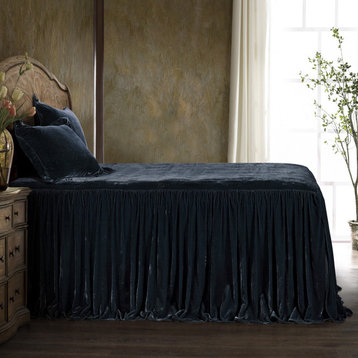 Stella Faux Silk Velvet Bedspread Set, 3PC, Midnight Blue, King