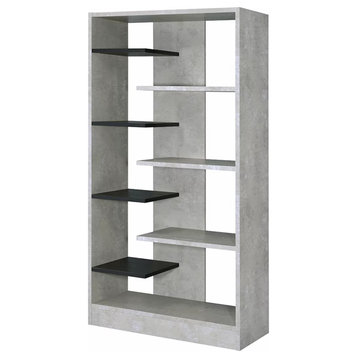 Modern Tall Bookcase, Unique Design With Faux Concrete & Black Open Shelves