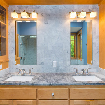 Traditional Carrara Marble Primary Bath Refresh With Maple Vanity