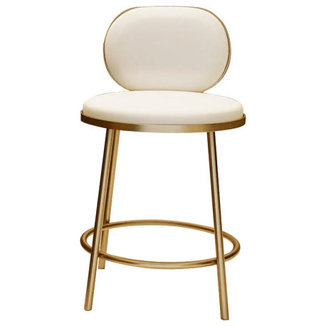 Modern Beige Faux Leather Upholstery Round Counter Stool with Back