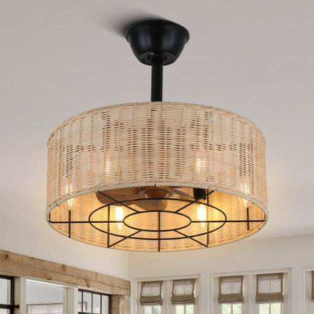 Bohemian Hand-Woven Drum Ceiling Fan Reversible with Light and Remote Control, Brown