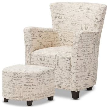 Bowery Hill Contemporary Fabric Accent Chair and Ottoman Set in Off White