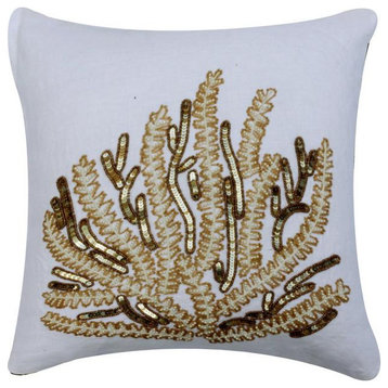 Decorative 14"x14" SeaWeeds Pearl Jute Ivory Linen Throw Pillows, Sea Weed Flow
