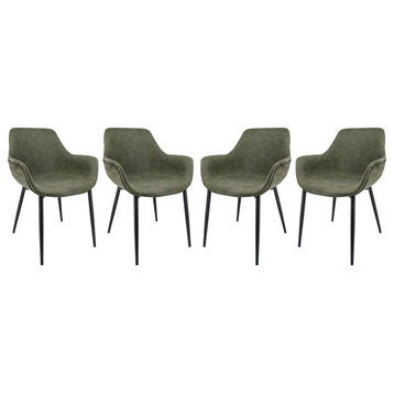 LeisureMod Markley Leather Dining Armchair Metal Legs Set of 4, Olive Green