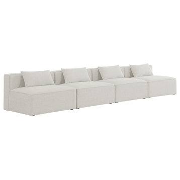 Cube Upholstered Modular Sofa, Cream, 4-Piece: 4 Armless Chair, Linen Texured Fabric