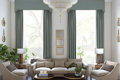 На фото: парадная гостиная комната в стиле неоклассика (современная классика) с ковровым покрытием с
