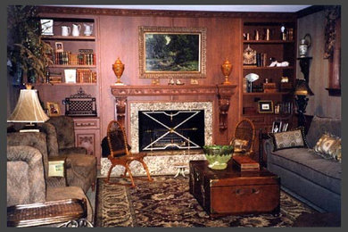 Cette photo montre un très grand sous-sol chic avec un mur vert, moquette, une cheminée standard et un manteau de cheminée en bois.