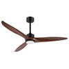 52" Solid Wood 3-Blade LED Ceiling Fan With Remote Control and Light Kit, Black/Walnut