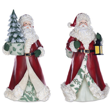 Santa Figurine With Lantern and Pine Tree, Set of 2