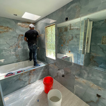 Bathroom Remodel; Huge Blue Tiles; Luxury shower and tub