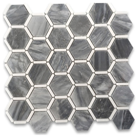 Bardiglio Gray Marble 2" Hexagon Tile Thassos White Strips Polished, 1 sheet