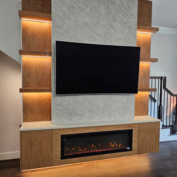 Custom White Oak Media Wall with Fireplace & LED Lighting