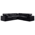 Meridian Furniture - Comfy Upholstered L-Shaped Modular Sectional, Black, 5-Piece: 2 Armless Chair, 3 Corner Chair, Velvet - Give your space a whole new look with this black Comfy velvet sectional. This handsome sectional fits nicely with other items in the Comfy collection and is a versatile seating option designed for adaptability, comfort and style. Wrapped in rich black durable velvet upholstery, this sectional offers a plush embrace of overstuffed down feather cushions, carefully crafted to deliver the highest level of comfort. The perfect seat for creating an oasis for relaxation, this sectional has thick foam surrounding its frame for added support and coziness.