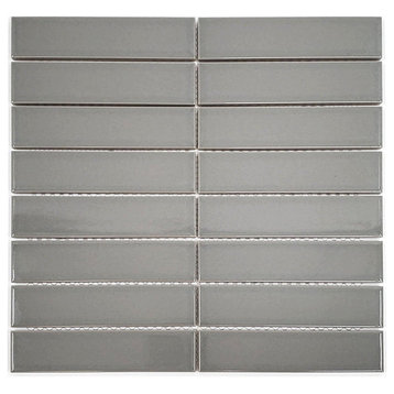 Gio Gray Glossy 1.25" X 6" Stacked Linear Porcelain Mosaic Tile, 11 Sheets