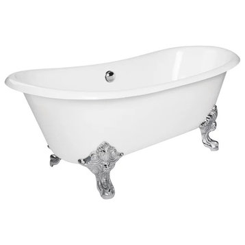 Vanessa 71" Double Slipper Cast Iron Bathtub With Imperial Feet, Deck Mount Whit