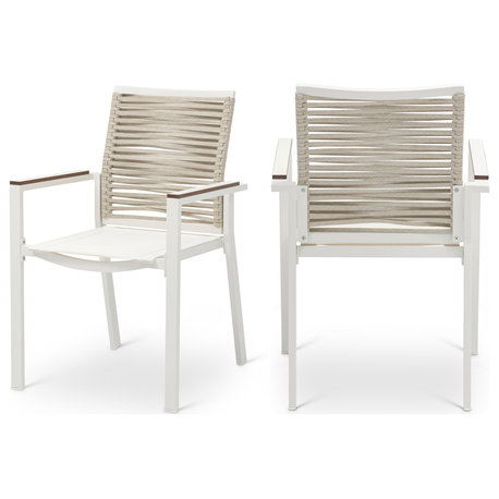 Maldives Rope Fabric Outdoor Patio Dining Arm Chair, Set of 2, Beige, Arm Chair