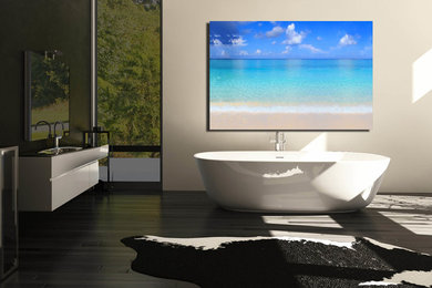 Inspiration for a modern master medium tone wood floor freestanding bathtub remodel in Los Angeles with white cabinets, gray walls and a wall-mount sink