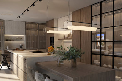 Imagen de cocina blanca y madera ecléctica con fregadero encastrado, encimera de mármol, salpicadero blanco, puertas de cuarzo sintético, electrodomésticos de acero inoxidable, suelo blanco, encimeras blancas y barras de cocina