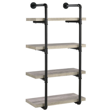 Benzara BM229650 24 Inches 4 Tier Wood and Metal Wall Shelf, Gray and Black
